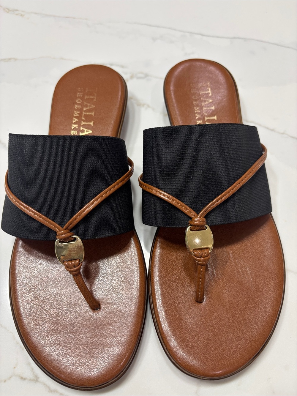 Italian Shoemakers Brown Leather & Black Fabric Toe-Post Sandals